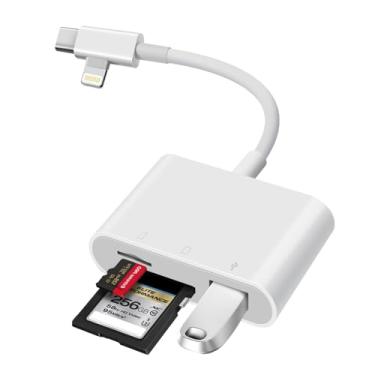 Imagem de [Certificação Apple MFi] Leitor de cartão SD para iPhone iPad, USB 3.0 tipo C SD/TF adaptador de cartão com conectores duplos Lightning e USB C Plug & Play SD MicroSD USB-A com 3 compartimentos