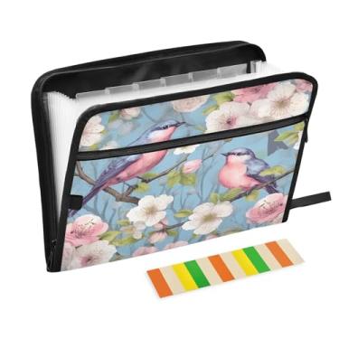 Imagem de Wassud Pássaros na árvore florida com 13 bolsos, organizador de arquivos sanfonados, pastas expansíveis com abas e adesivos, organizador de pastas de documentos de recibo de papel tamanho carta A4