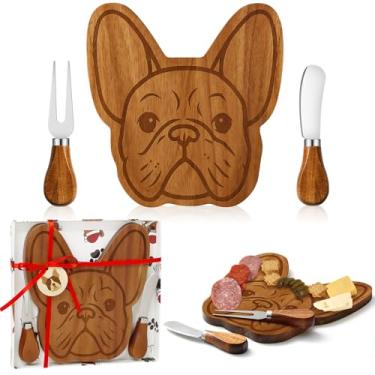 Imagem de Ziliny Presente de buldogue francês para mulheres, conjunto de tábua de queijo buldogue francês com facas, caixa de presente de acácia pequena tábua de charcutaria, bandeja de servir francesa fofa