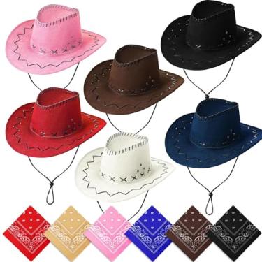 Imagem de M-Aimee Conjunto de 6 chapéus de cowboy e bandanas, chapéu de vaqueira de Halloween, chapéu de cowboy de feltro fantasia ocidental para homens e mulheres, festa de galinha