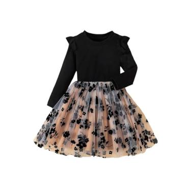 Imagem de GORGLITTER Girl's Floral Ruffle Long Sleeve Layered Tulle Dress Mesh Fall Spring Fashion Party Dresses Black 7Y
