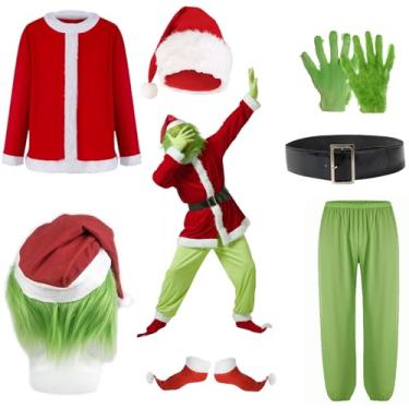 Imagem de Ahfiwaso Green Santa Monster Adult Christmas Costume Set - 7PCS Santa Claus Outfit with Mask Included M