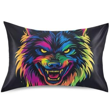 Imagem de Capas de almofada de cetim coloridas neon com cabeça de lobo, estampa floral, padrão Queen King para cabelo e pele, tamanho padrão, 66 cm x 50 cm