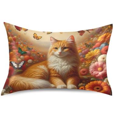 Imagem de Capa de almofada de cetim floral gato floral capas de travesseiro king queen padrão desenho animado cama presentes de vida saudável, tamanho Queen, 76 cm x 50 cm