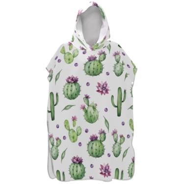Imagem de Joisal Roupão de mudança de poncho de surfe para toalha de banho com capuz de praia Adul secagem rápida cactos verdes suculentas branco unissex poncho adulto com capuz