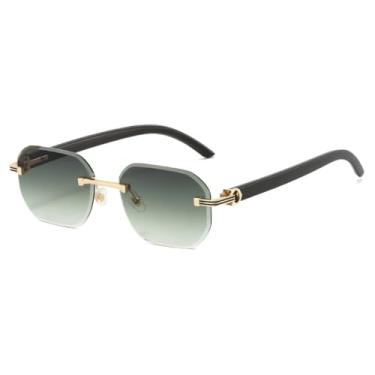 Imagem de Óculos de Sol Hexagonais Sem Aro, Unissex, Estilo Fashion, Hastes com Textura de Madeira, Formato Quadrado (Cinza-esverdeado)