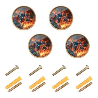 Imagem de Joisal Puxadores de gaveta de cozinha Wolves Fire Pacote com 4 maçanetas de cômoda douradas, ferragens de armário