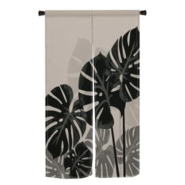 Imagem de Leowefowa Cortina de porta tropical folha de palmeira boho planta preta longa Noren cortina de porta para sushi Izakaya restaurante corredor casa armário privacidade divisória divisória decoração de