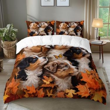Imagem de AILONEN Conjunto de capa de edredom com estampa de cachorro fofo, tamanho solteiro, 3D, cachorrinho, kawaii, borda, collie e 2 fronhas, conjunto de cama de folha de bordo, 3 peças para crianças e
