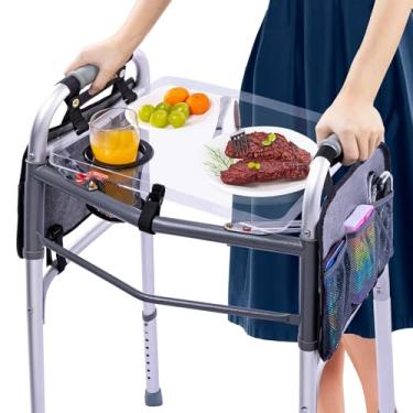 Imagem de BAGSFY Bandeja de caminhante transparente com suporte de copo e bolsos laterais, mesa dobrável transparente para idosos, bandeja de PP resistente com suporte de carga de 4 kg, acessório de andador de