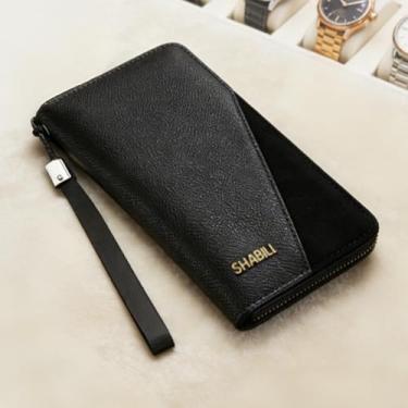 Imagem de Carteira masculina, bolsa de mão vertical de grande capacidade com alça transversal, estilo moderno retrô de alta qualidade com vários compartimentos para cartões e bloqueio RFID (preto)