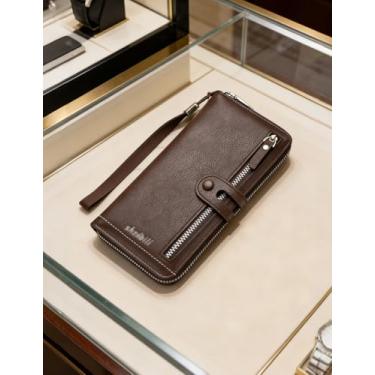 Imagem de Carteira masculina longa com bloqueio de RFID, carteira de couro com zíper único com vários compartimentos para cartão e grande capacidade, organizador casual para todos os itens essenciais (Cáqui