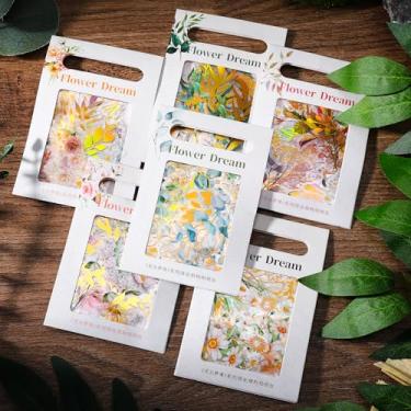 Imagem de 240 peças de adesivos florais para scrapbooking folha dourada flor scrapbook decalques adesivos à prova d'água holográficos de plantas botânicas com fundo claro para agendamento, diário, cartões