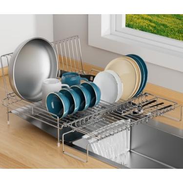 Imagem de chilinii Escorredor de pratos grande expansível de aço inoxidável para balcão de cozinha, com placa de drenagem de aço inoxidável, organizador dobrável, economia de espaço para cozinha