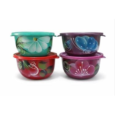 Imagem de Kit 4 Bowls Decorados com Tampa, Plástico Resistente, 1 Litro cada, Design Floral em Cores Vivas.