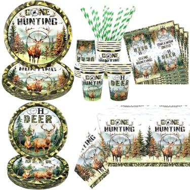 Imagem de Decorações de festa camuflada de caça, inclui pratos, canudos, guardanapos, copos, toalhas de mesa, para acampamento, caça, decorações de festa de aniversário