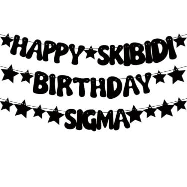 Imagem de Zwiebeco Glitter Black Happy Skibidi Birthday Sigma Banner Bunting Papel Pendurado Estrelas Guirlanda Decorações de Festa para Meninos Meninas Crianças Homens Mulheres Adolescente Bday Decoração