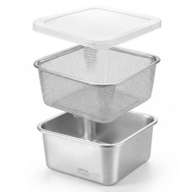 Imagem de Conjunto de tigelas de lavagem de aço inoxidável 2 em 1, escorredor quadrado com tampa e escorredor de PP, lavatório de frutas e vegetais, recipiente de armazenamento para drenar arroz, macarrão