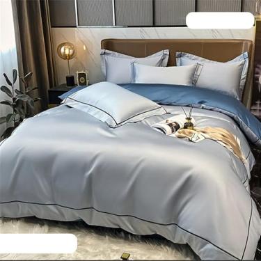 Imagem de Conjunto de cama de algodão de fibra longa, liso e agradável à pele, com capa de edredom para cama de casal, 7 x 1,5 m, conjunto de 4 peças.