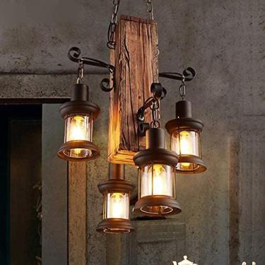 Imagem de Vintage Industrial Pendente Luminária De Teto Bar Sala De Jantar Sala De Estar Cozinha Ilha Loft Clube Luminária Suspensa Retro Madeira Preto Ferro Vidro Abajur Lustre Altura Ajustável Suspensão I