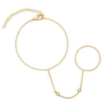 Imagem de Pulseira de corrente de mão banhada a ouro 14K com anel, delicada pulseira de dedo de zircão cúbico, joia corporal de punho ajustável presentes para mulheres, One Size, Zircônia cúbica