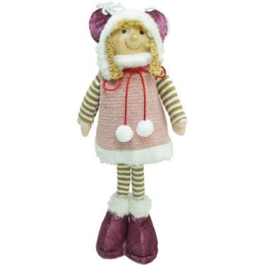 Imagem de Boneca Decoração Menina Com Gorro Vestido Rosa Natalino 40cm - OUTRAS 