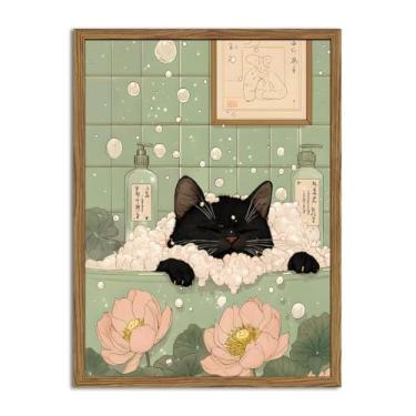 Imagem de Arte de parede de banheiro de gato preto japonês engraçado, imagem de decoração de parede de gato preto fofo na banheira, impressão em tela de animal japonês caprichoso 40 x 61 cm emoldurada