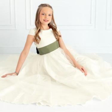 Imagem de Vestido longo Off White com Faixa e Laço VERDE OLIVA Infantil Festa el