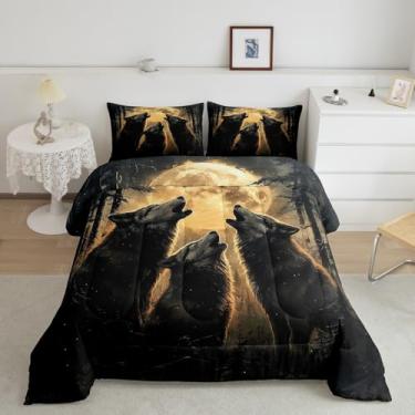 Imagem de Castle Fairy Jogo de cama queen com lobos uivantes, floresta, lua, noite, para crianças, adolescentes, lobo feroz, animal selvagem, natureza, árvore, paisagem, edredom com 2 fronhas