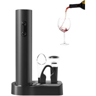 Imagem de Abridor de vinho elétrico, abridor automático de garrafas de vinho, presentes 5 em 1 para amantes de vinho com base de armazenamento, cortador de folha, despejador de aerador de vinho e rolhas a vácuo