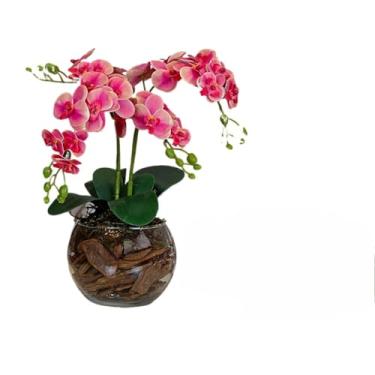 Imagem de Arranjo de Orquídea Artificial 3D 4 Hastes com Vaso de Vidro Transparente | Planta Decorativa Sala e Escritório(Rosa Pink)