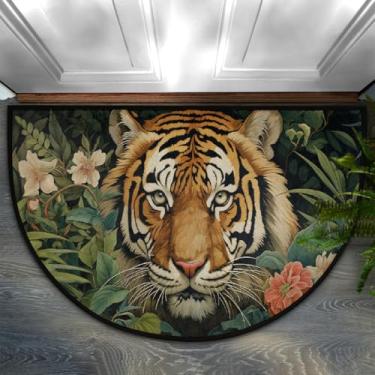 Imagem de GeMeFv Tapete de porta meio redondo com folhas de tigre, meio círculo, antiderrapante, meio círculo, tapete de meia lua, para decoração de casa, cozinha, quarto, decoração de casa