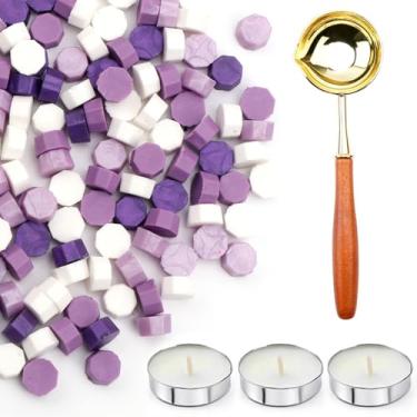 Imagem de Conjunto de 200 peças de contas de lacre de cera com colher de derretimento antiderrapante e velas, grânulos de cera de vedação Fairy Zixia ótimo para selos, convites de casamento, presente de Natal