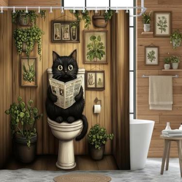 Imagem de DYNH Cortina de chuveiro de gato, plantas verdes em vaso fofo animal lido jornal cortina de banheira, desenho animado rústico boho casa de fazenda primavera decoração de banheiro com ganchos, 169 x