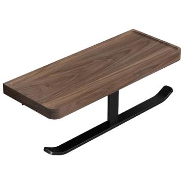 Imagem de Danpoo Suporte de papel higiênico montado na parede com prateleira de madeira de nogueira natural - Design de rolo duplo preto fosco, solução de banheiro que economiza espaço