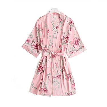 Imagem de HHHJQFAAT Pijama feminino 3 peças floral rendado acabamento cetim Cami conjunto de pijama com roupão decote em V vestido de dormir G azul marinho B (rosa f)