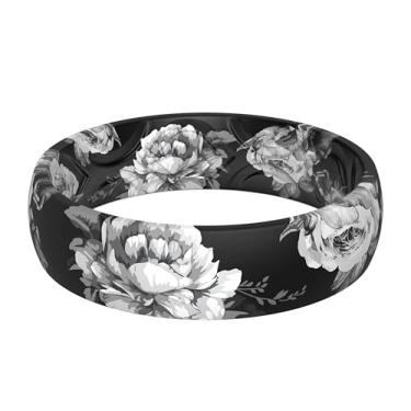 Imagem de ThunderFit Alianças de casamento de silicone para mulheres, design estampado respirável, anéis de noivado de borracha 5,5 mm de largura 1,8 mm de espessura - 1 pacote, 10 - 10.5 (20.10mm), Silicone