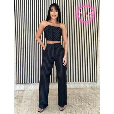 Imagem de Conjunto feminino cropped c/ bojo e calça alfaiataria listrada 9589 - 