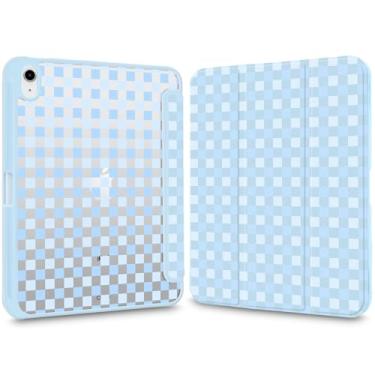 Imagem de VibrantFruitique Linda capa para iPad de 10,2 polegadas 2019/2020/2021 com padrão quadriculado azul quadriculado, traseira rígida, capa híbrida transparente com suporte para lápis, suporte de três