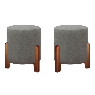 Imagem de Puff Banqueta Decorativo Luna Linho Veludo Pés Madeira linho Cinza