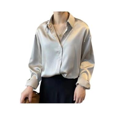 Imagem de Camisa Elegante De Seda Para Mulheres, Blusa Casual Vintage Com Gola R