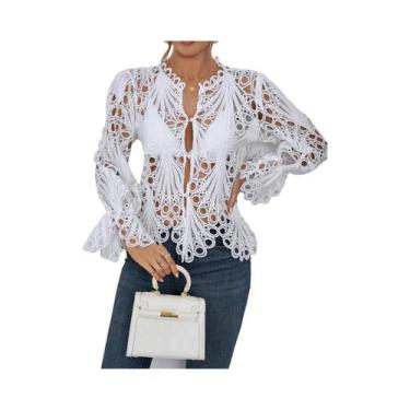 Imagem de Blusa Feminina Elegante De Manga Longa Em Renda Transparente Com Detal