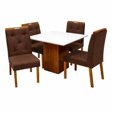 Imagem de Mesa de Jantar Dakota 90x90cm Sem Vidro e 4 Cadeiras Jasmim em Veludo Estofadas Cel Móveis Cor Cinamomo Off White com Tecido Marrom