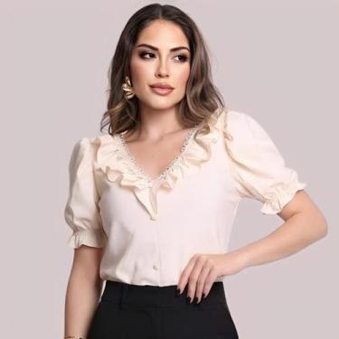 Imagem de Blusa Feminina Social Manga Curta Bufante com Gola V Babado - G-Store,