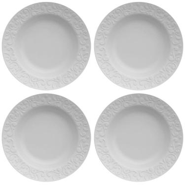 Imagem de Jogo 4 Pratos Fundos Redondos 23,5cm em Porcelana com Relevo Tassel Germer Branco