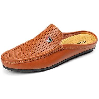 Imagem de Pantufas masculinas clássicas de couro para escritório, casuais, sem cadarço, mocassins e sem costas, Marrom, 9