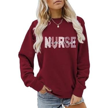 Imagem de ESIKAH Moletom de enfermeira registrado RN Emergency Room Nurse moletom feminino casual gola redonda pulôver camiseta de enfermeira presentes, Vinho tinto, P