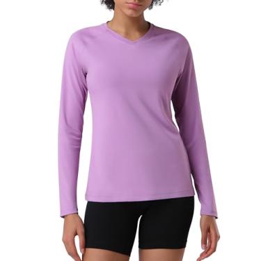 Imagem de Pioneer Camp Camiseta feminina com proteção solar UV FPS 50+, gola V, FPS 50+, manga comprida, secagem rápida, Rash Guard, caminhadas, corrida, Rosa, roxo, PP