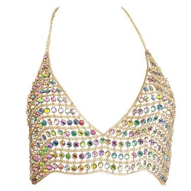 Imagem de Sutiã feminino sexy com corrente de corpo dourado, joia no peito, sutiã de diamante acrílico, INCH, Alumide, acrílico