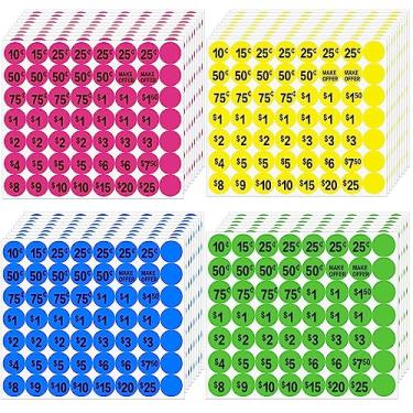 Imagem de Adesivos de venda de quintal, 1344 peças de adesivos de preço de venda de garagem adesivos coloridos de 1,3 cm com preço para venda no mercado de garagem 4 etiquetas de preço em dólar pré-impressas